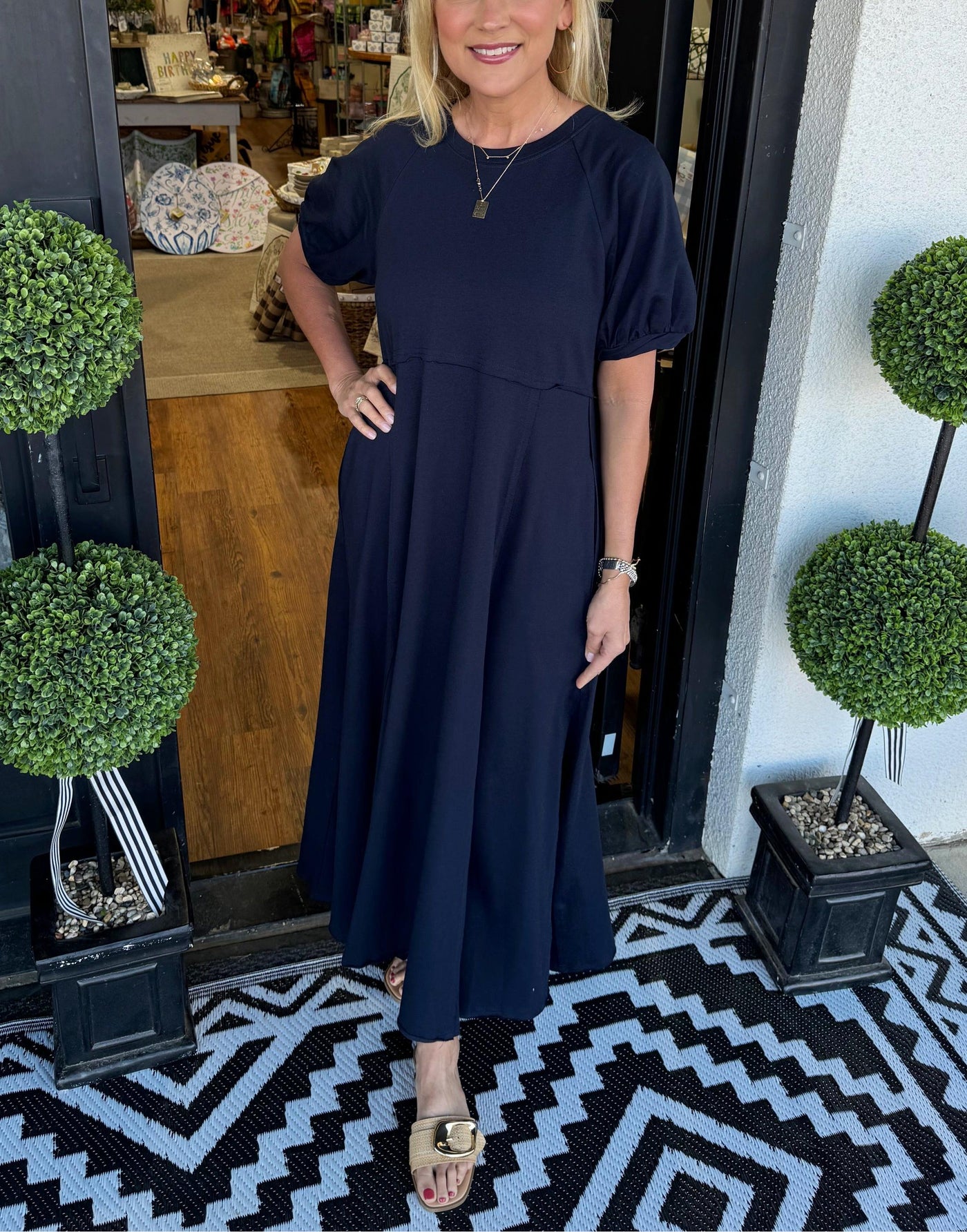 Women's Puff Sleeve Round Neck Long Dress