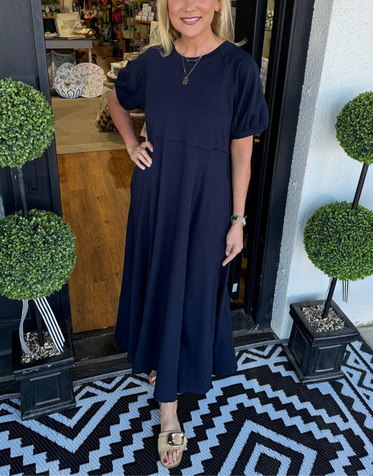 Women's Puff Sleeve Round Neck Long Dress