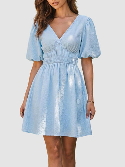 Women's V-Neck Puff Sleeve Smocked Waist Mini Dress