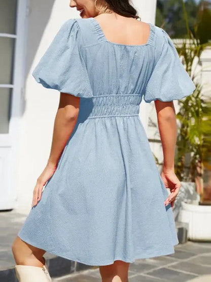 Women's V-Neck Puff Sleeve Smocked Waist Mini Dress