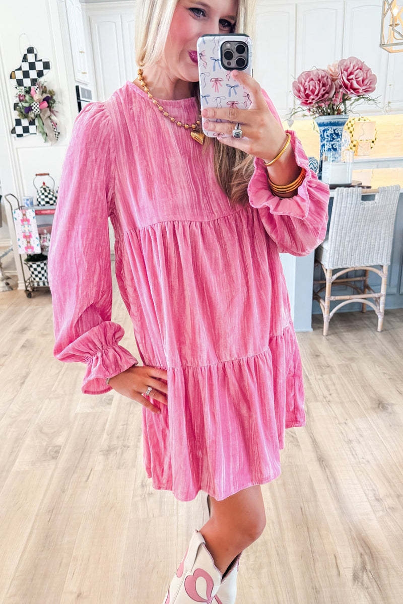Women's Velvet Dress Gorgeous Pink Luxury Dress with Pockets
