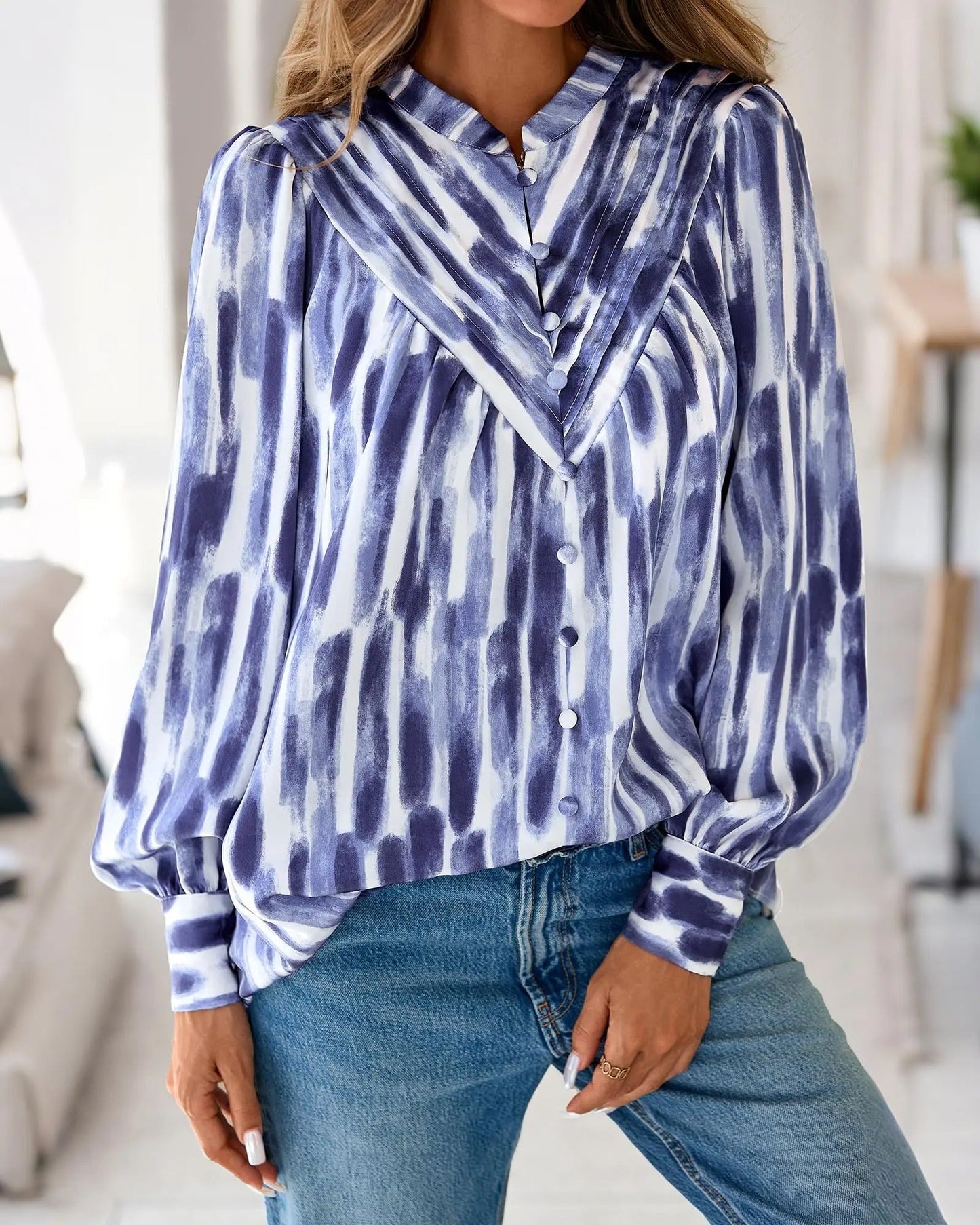 Women's Boho Floral V-Neck Half Button Down Blouse