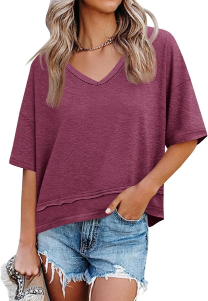 Limited time sale🔥Women's V-neck Mid-length Sleeve Spliced Hem Basic Top