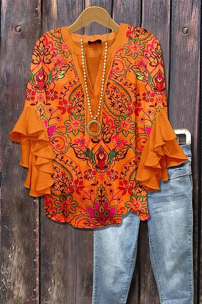 Women's Mixed Floral Print Ruffle Bell Sleeve Top