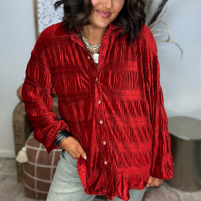 Women's Shirred Velvet Button Down Top (Buy 2 Free Shipping)