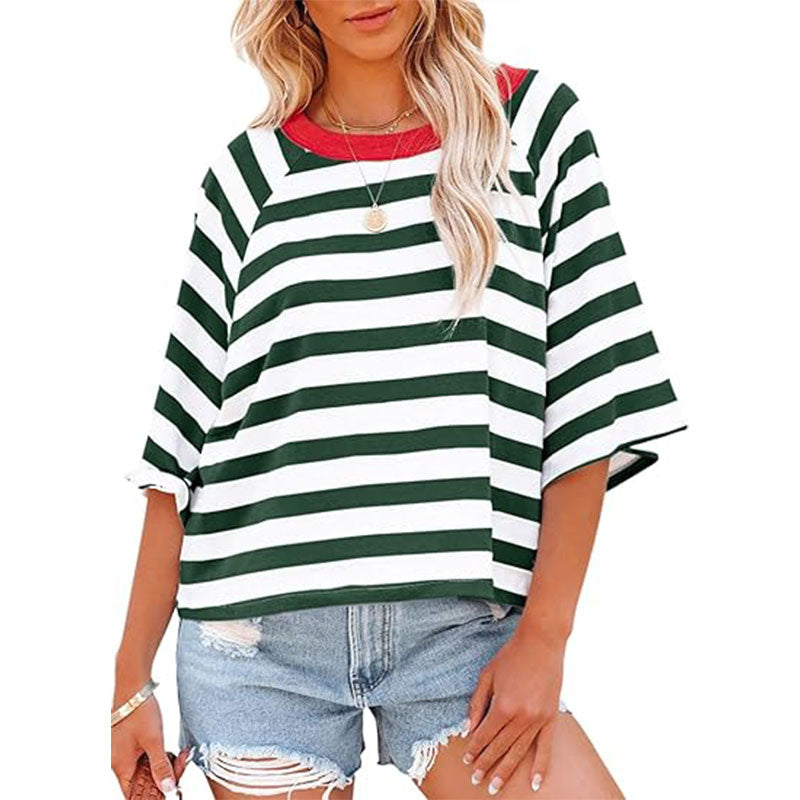 Women Summer Striped  Color Blocking T Shirts Tee