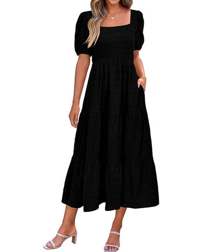 Women's Summer Puff Sleeve Loose Fit Midi Dress （BUY 2 FREE SHIPPING)