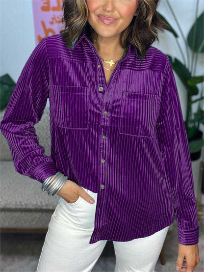 Velvet Striped Button Down Top (Buy 2 Free Shipping)