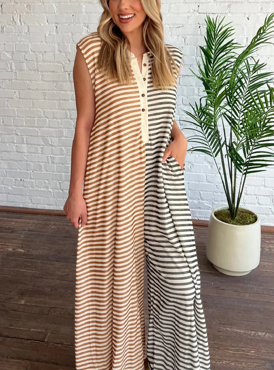 Women's Casual Striped Button-Up Jumpsuit