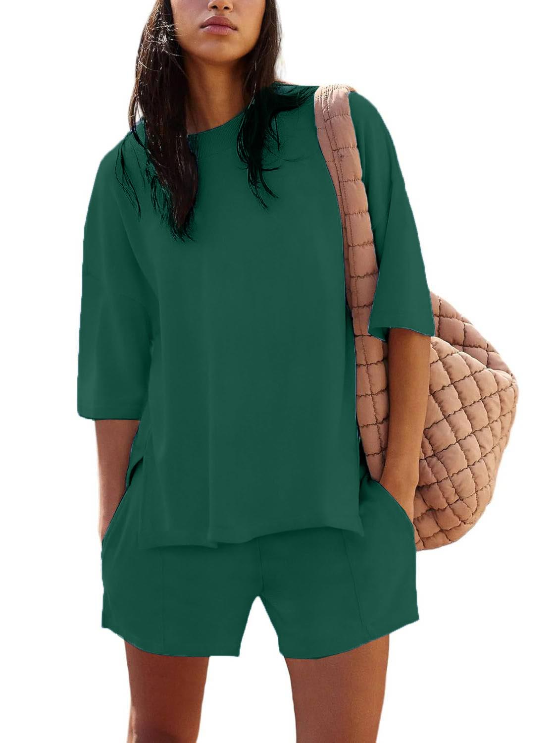 Women's Casual Solid Color Suit with Slit Top and Shorts