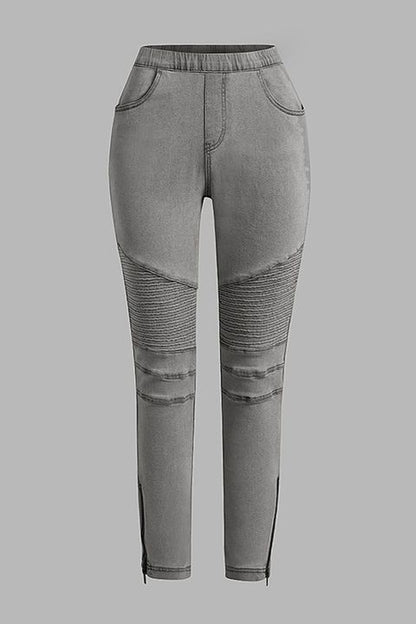 Solid Slant Pocket Zip Side Seam Detail Skinny Jeans