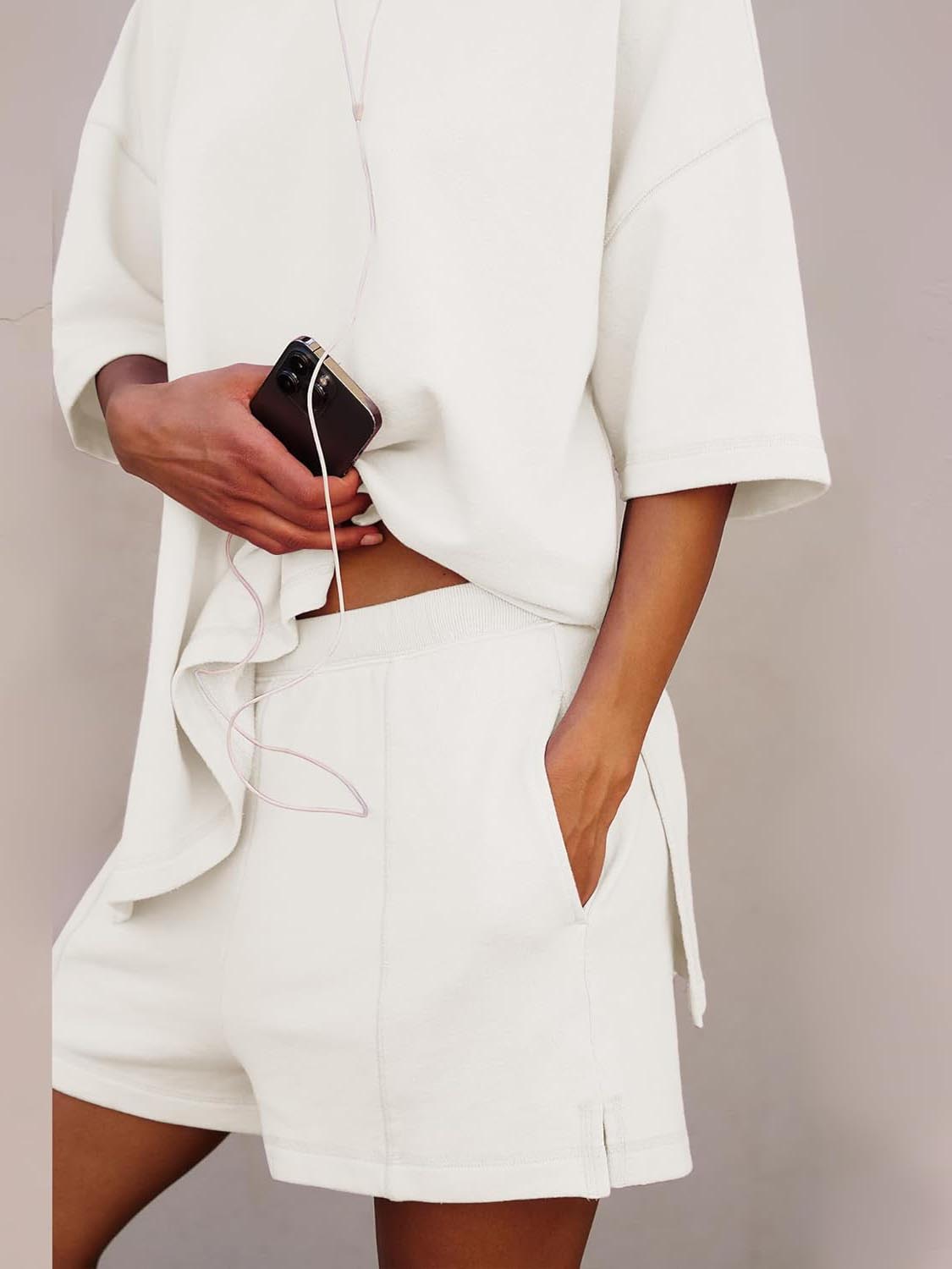 Women's Casual Solid Color Suit with Slit Top and Shorts