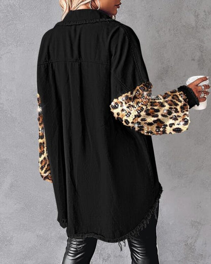 Women's Oversized Leopard Sequin Patchwork Denim Jacket