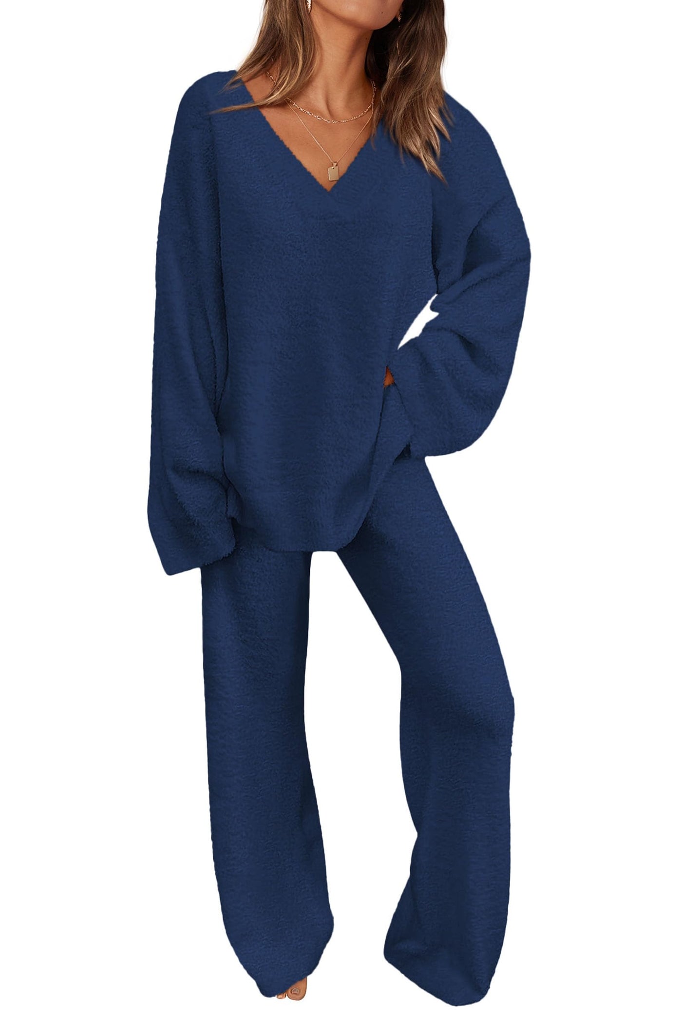 ✨Women's 2 Piece Oversized V Neck Pullover Sweater Fuzzy Lounge Set