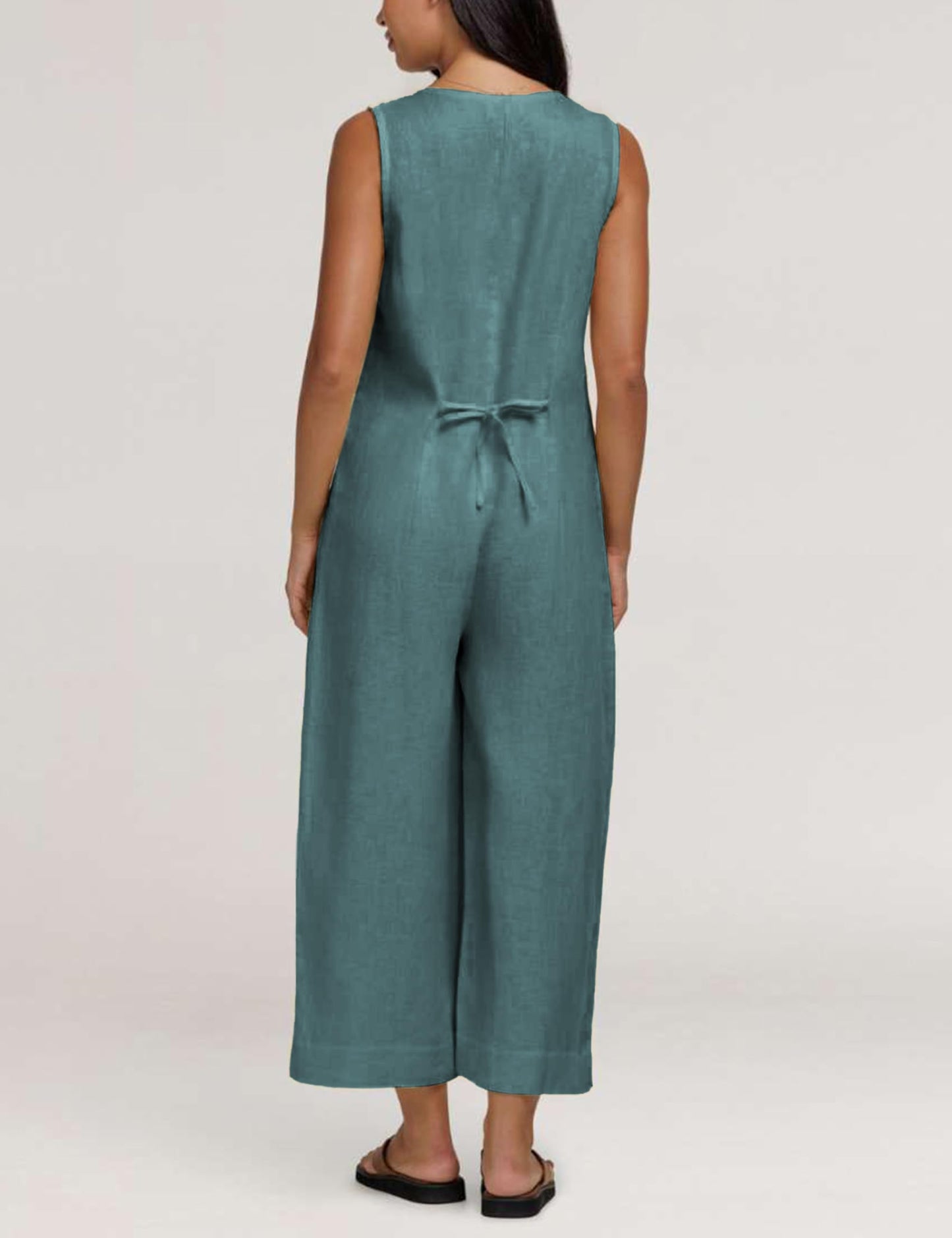 Women Button Down Jumpsuits Sleeveless Casual Wide Legs