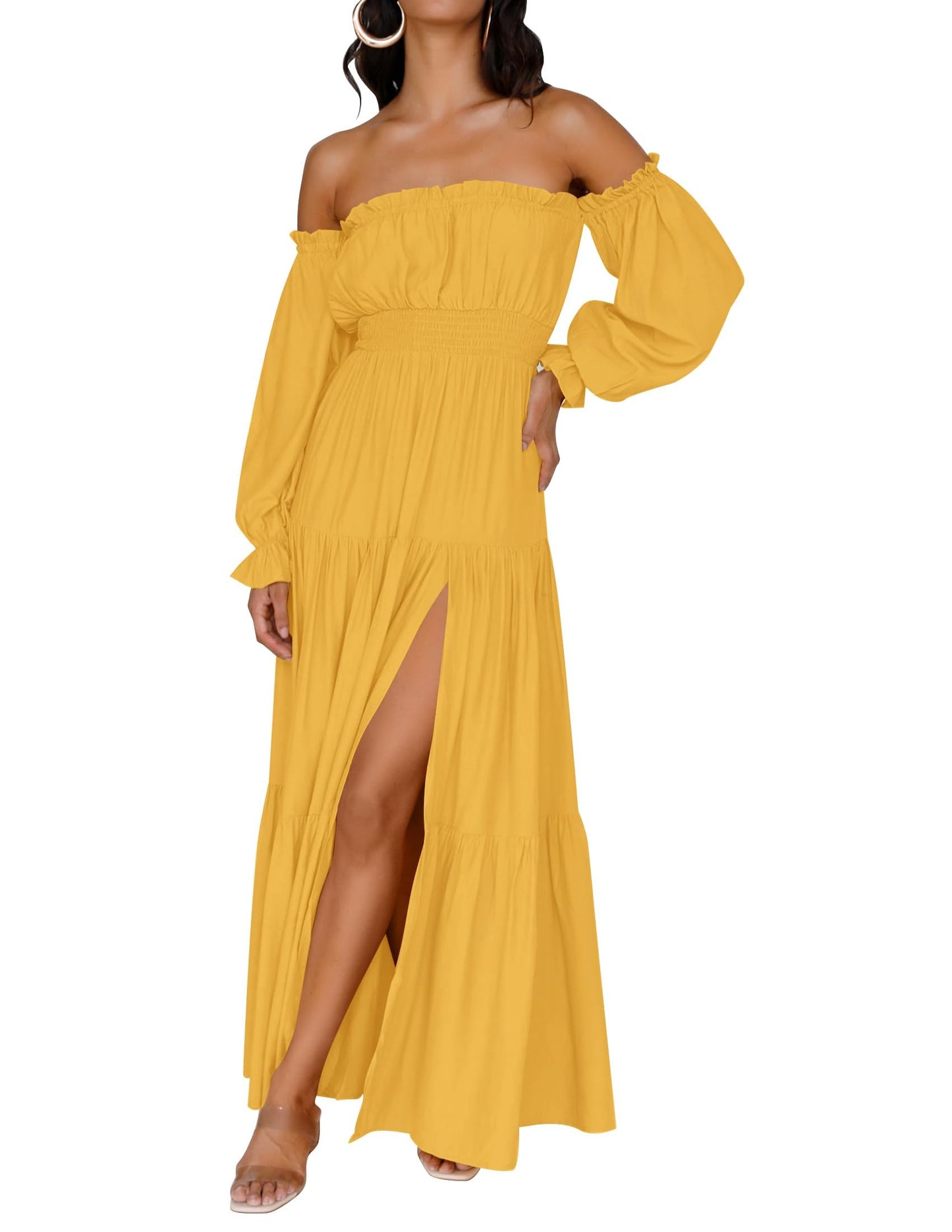 Women's  Boho Off Shoulder Long Sleeve Side Split Flowy A Line  Long Maxi Dress