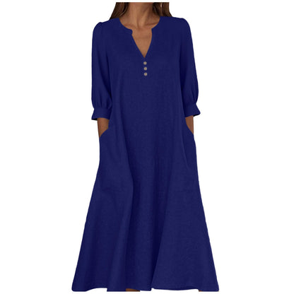 Women's Cotton Linen V-Neck 3/4 Sleeve Pocket Maxi Dress