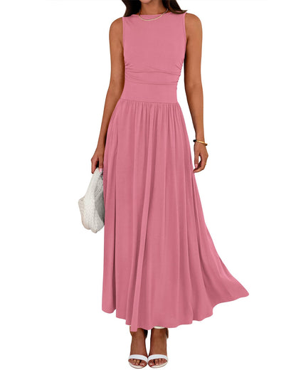 Limited time sale🔥Women's Solid Color Sleeveless Waist Pleated Design Dress with Pockets