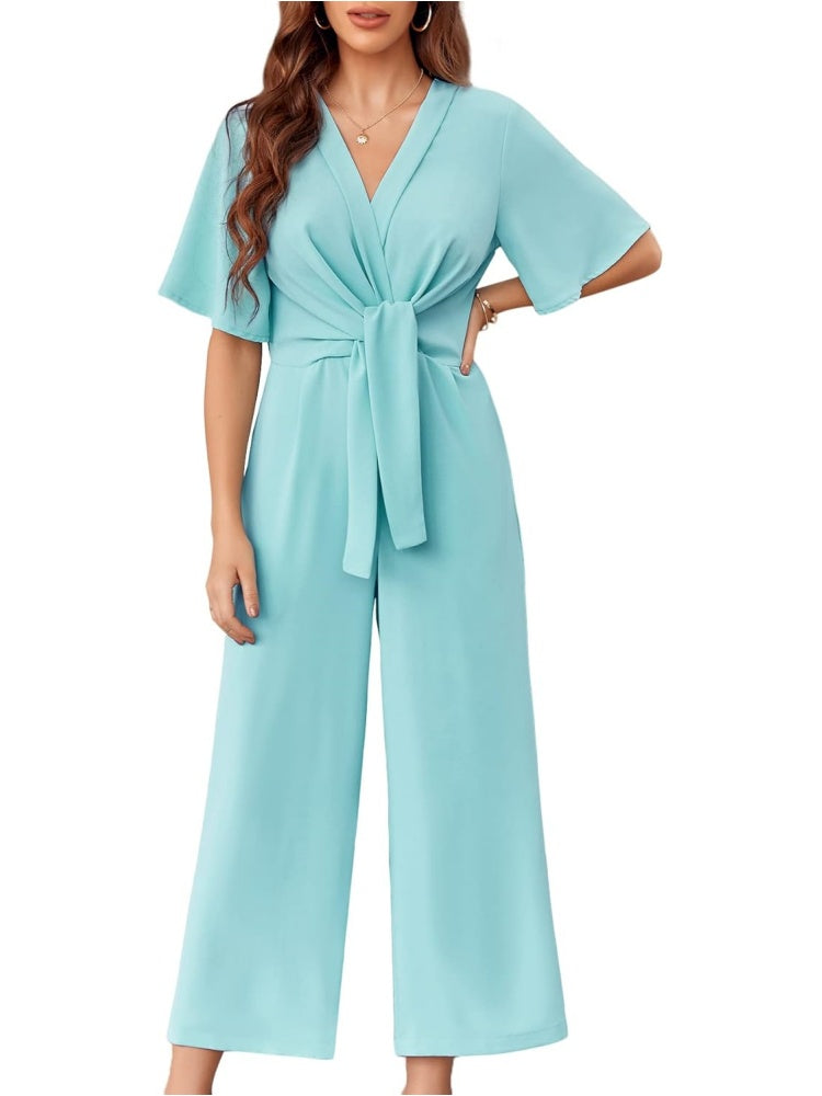 Limited time sale🔥Womens Short Sleeve Tie Knot Front Wide Leg Jumpsuits