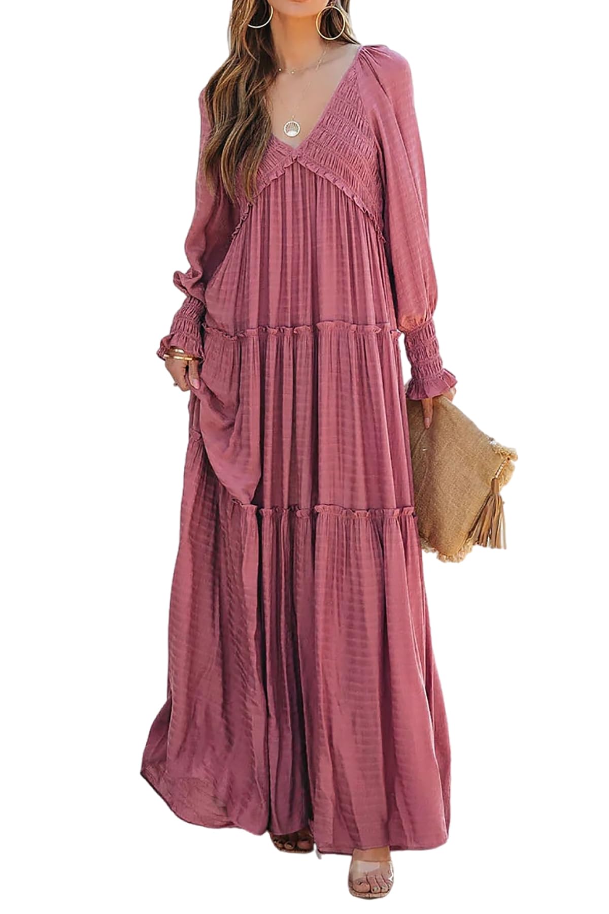 Women Long Sleeve V Neck Boho Casual Flowy Long Dresses✨Buy 2 Free Shipping