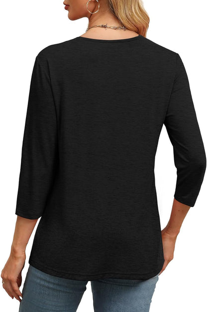 Women's Trendy V Neck 3/4 Long Sleeve Tops Loose Fit Blouse