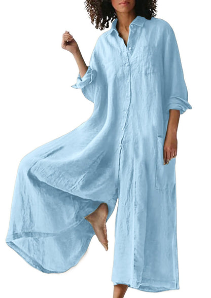 Women's Linen Button Down Long Sleeve Wide Leg Jumpsuit