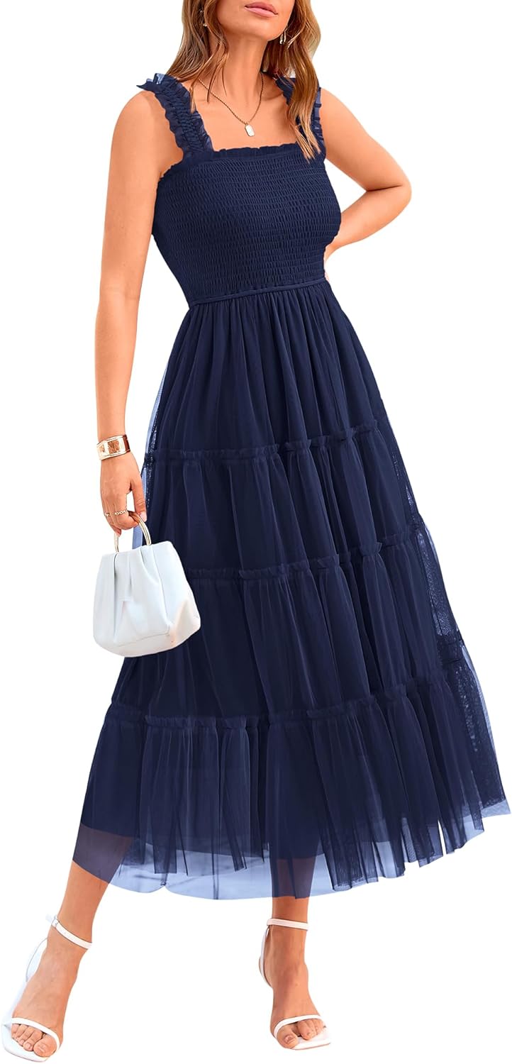 ✨Women's Casual Sleeveless Square Neck Smocked Ruffle Tulle Party Wedding Guest Dresses