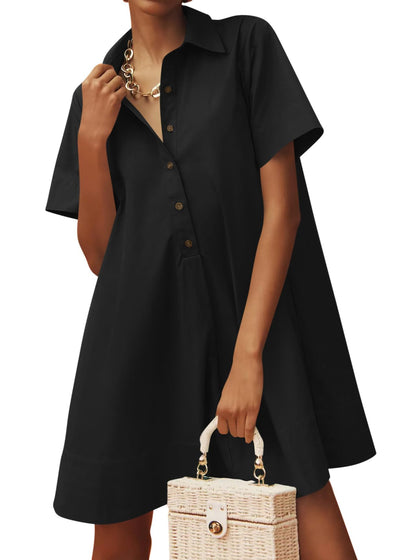Women's Oversized Button-Down Shirt Dress, Casual Short Sleeve Collared Mini Dress