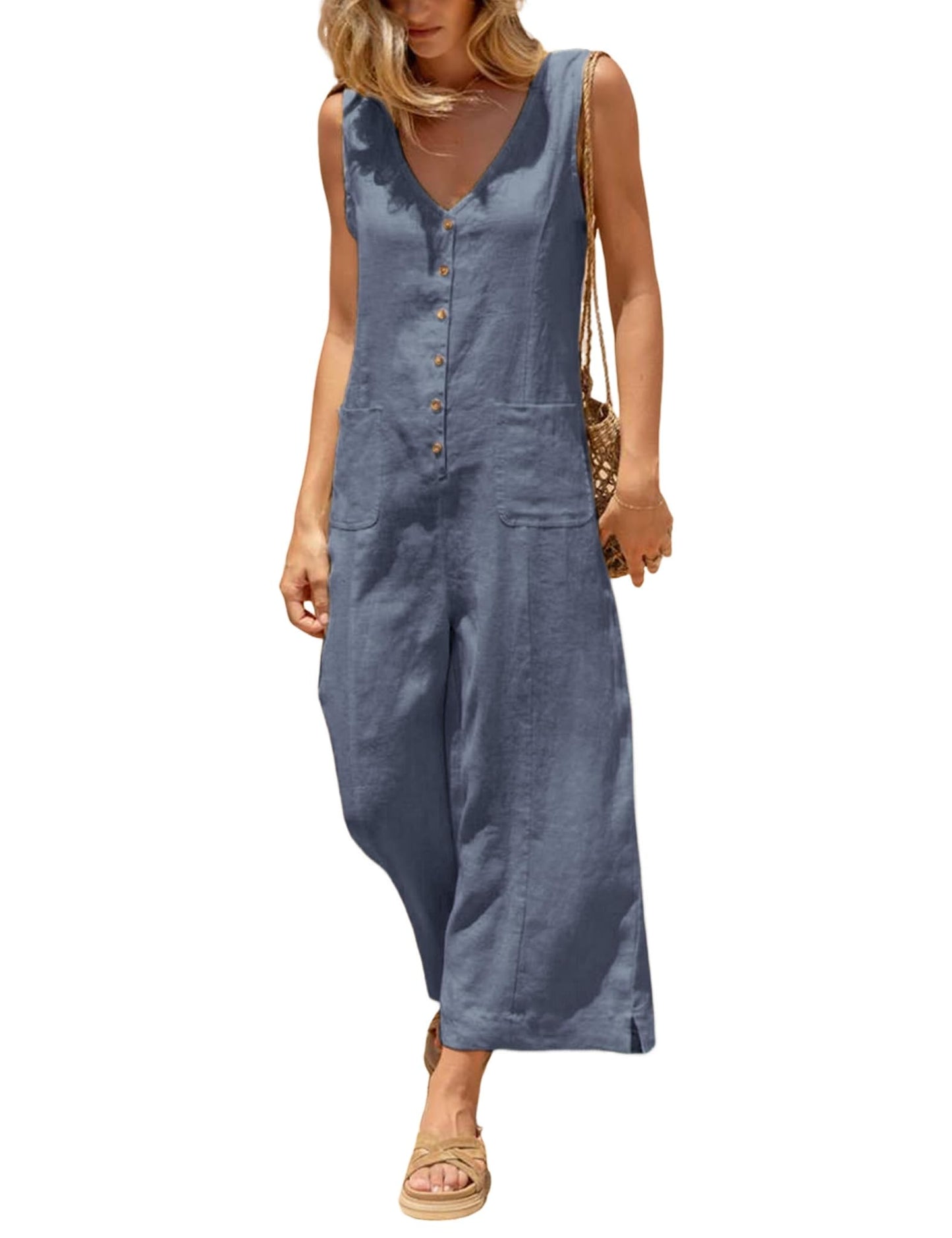 Women Button Down Jumpsuits Sleeveless Casual Wide Legs