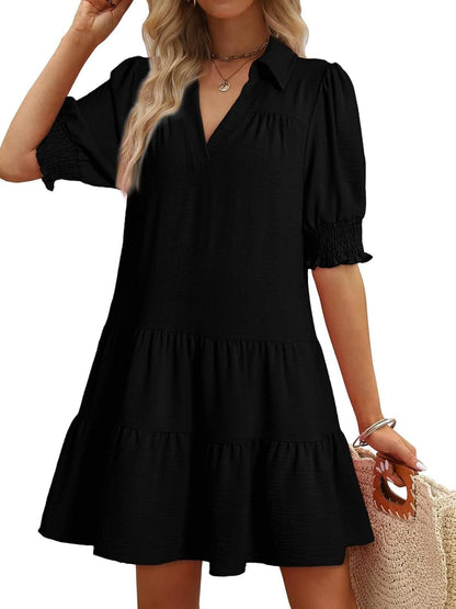 Limited time sale🔥Women's Smocked Sleeve Tiered V-Neck Mini Dress
