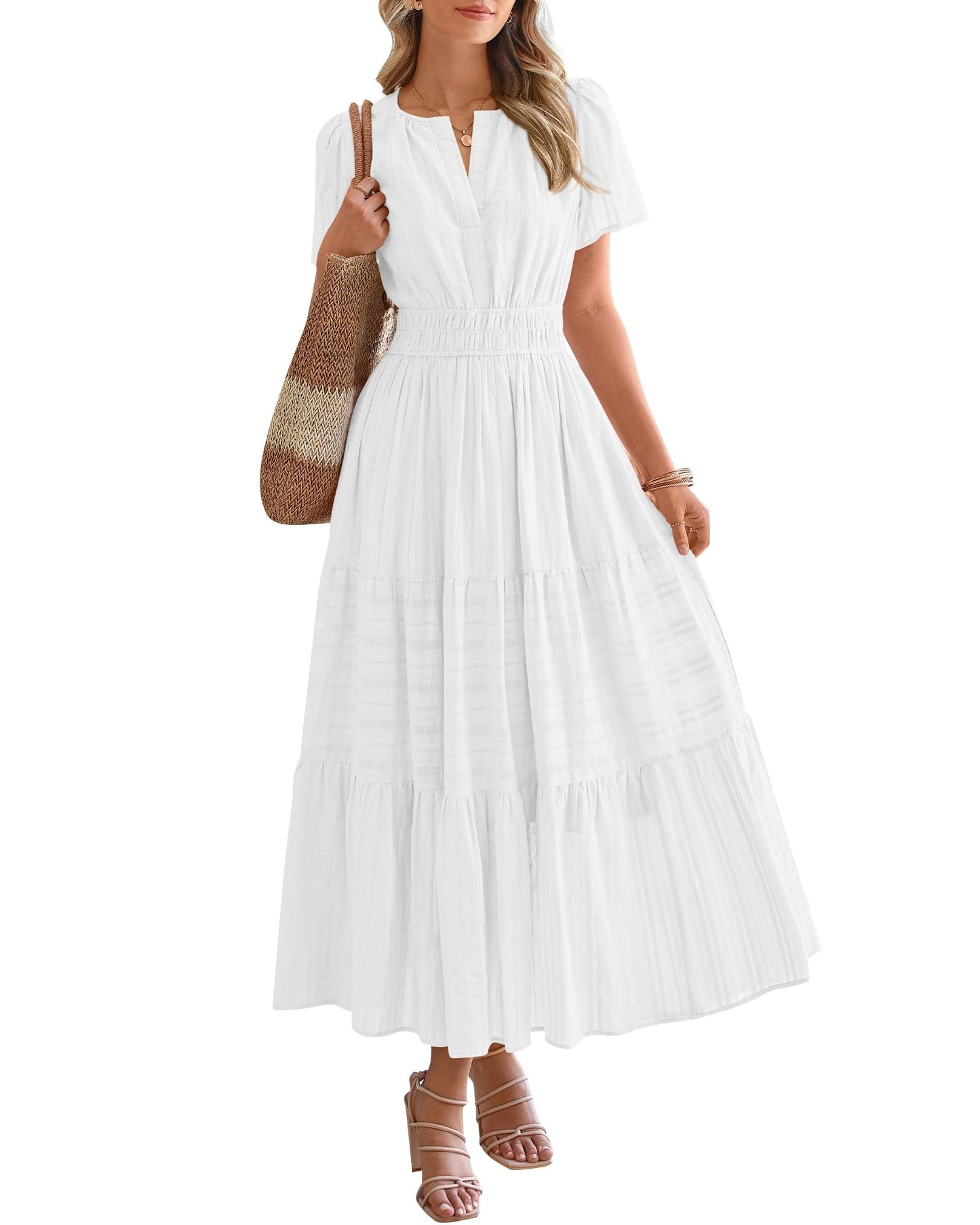 Limited time sale🔥Women's Lightweight Short Sleeve V Neck Elastic Waist Dresses