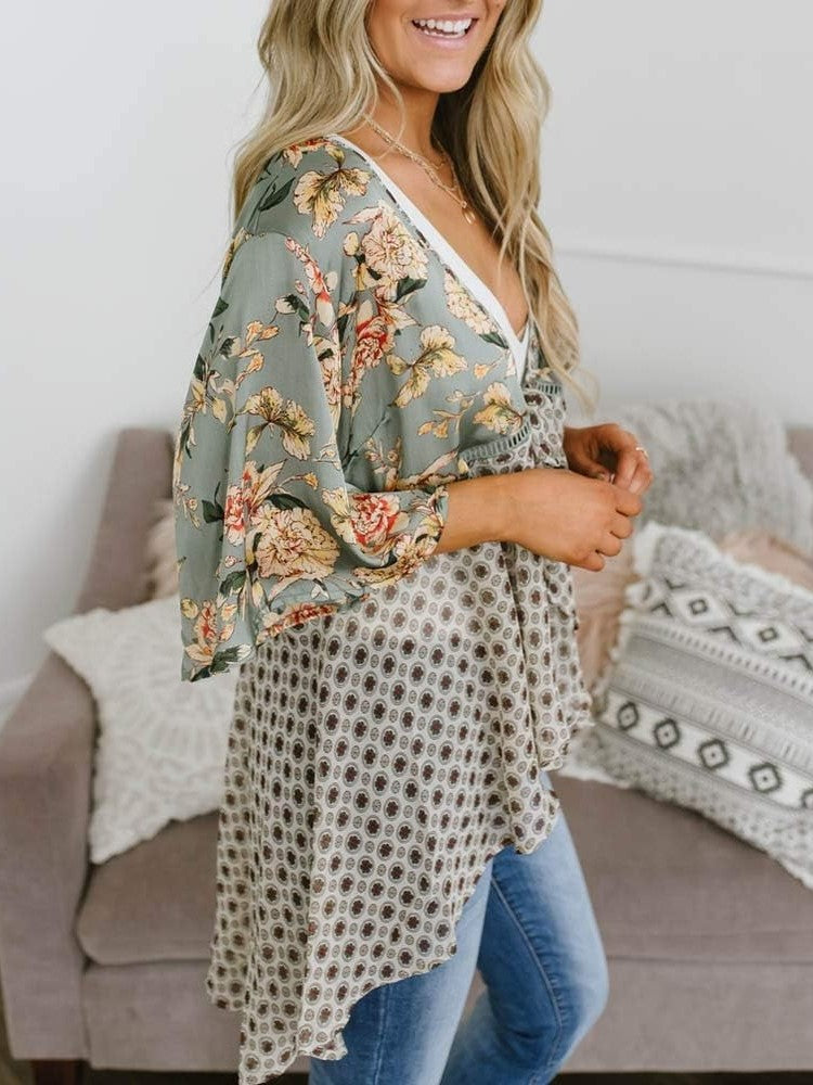 Women's Floral Kimono Ruffle Sleeve Tie Cardigans Flowy Boho Loose Cover Ups