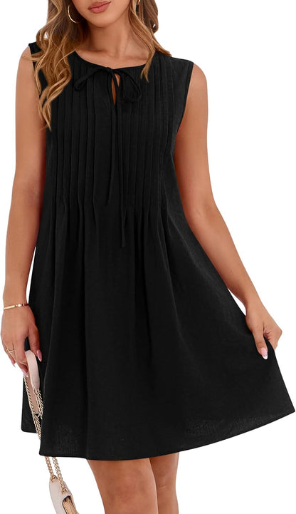 ✨2025 Sleeveless Cute Bow Tie Front Loose Pleated  Dresses