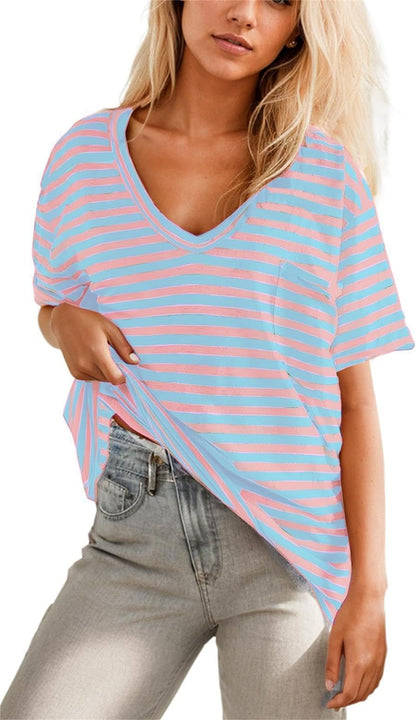 Women Oversized T Shirt Striped Short Sleeve Deep V Neck Tee Shirt ✨BUY 2 FREE SHIPPING