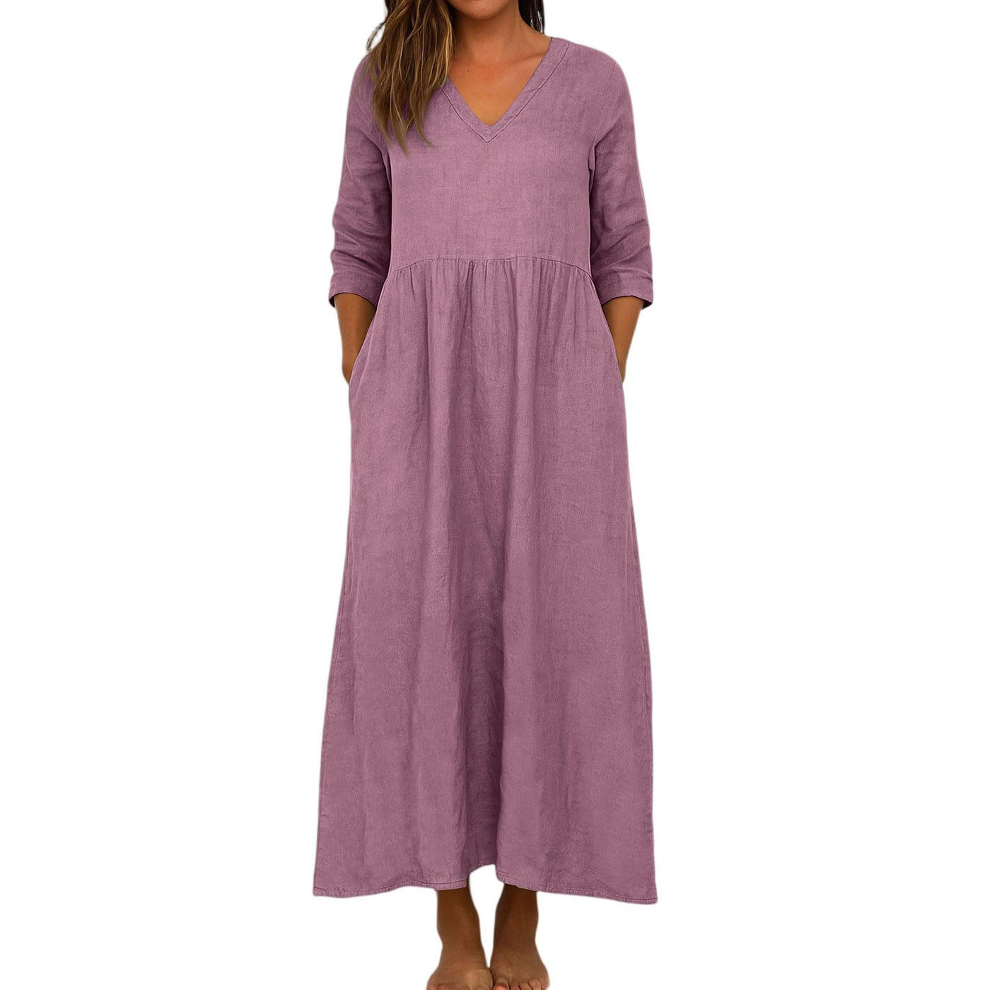 Women's Cotton Linen V-Neck Pocket Maxi Dress