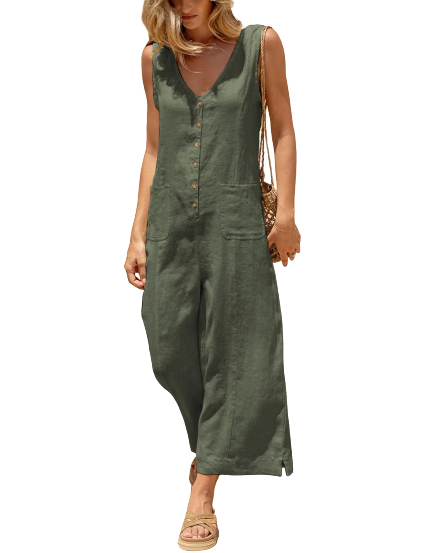 Women Button Down Jumpsuits Sleeveless Casual Wide Legs
