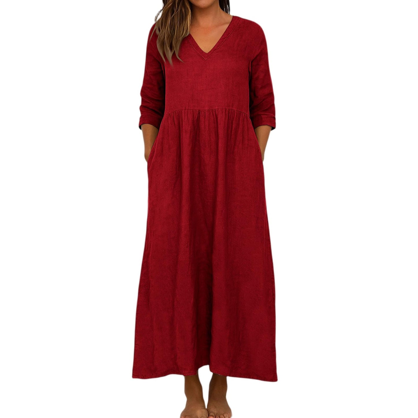 Women's Cotton Linen V-Neck Pocket Maxi Dress