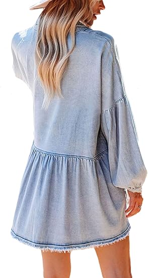 Women's Oversized Distressed Denim Button Down Shirt Flowy  Tunic Dress  with Pockets