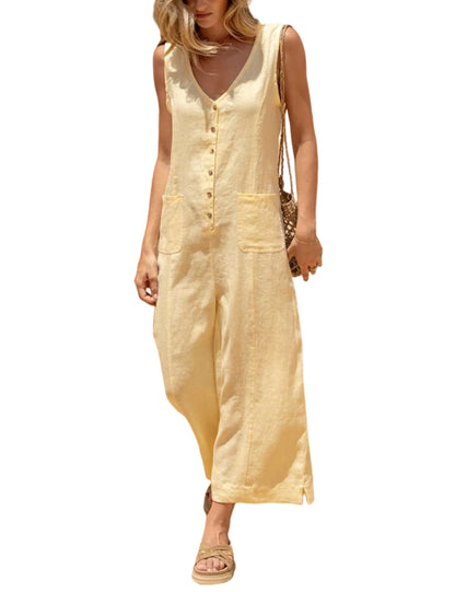 Women Button Down Jumpsuits Sleeveless Casual Wide Legs