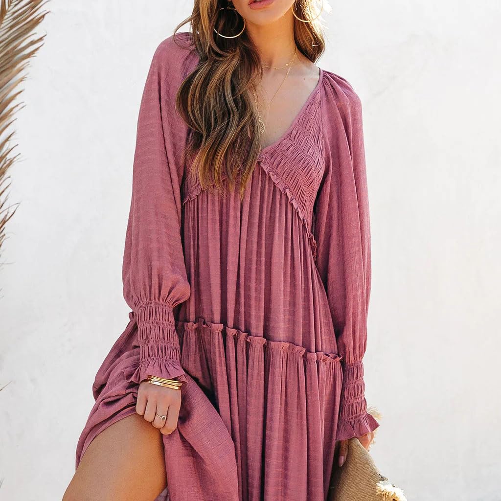 Women Long Sleeve V Neck Boho Casual Flowy Long Dresses✨Buy 2 Free Shipping