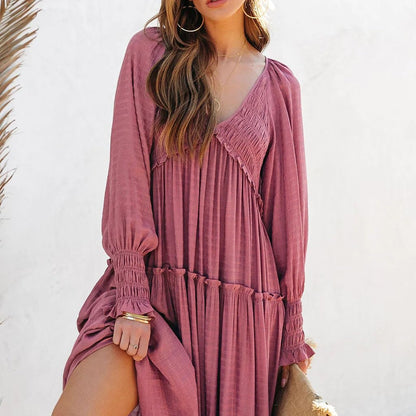 Women Long Sleeve V Neck Boho Casual Flowy Long Dresses✨Buy 2 Free Shipping