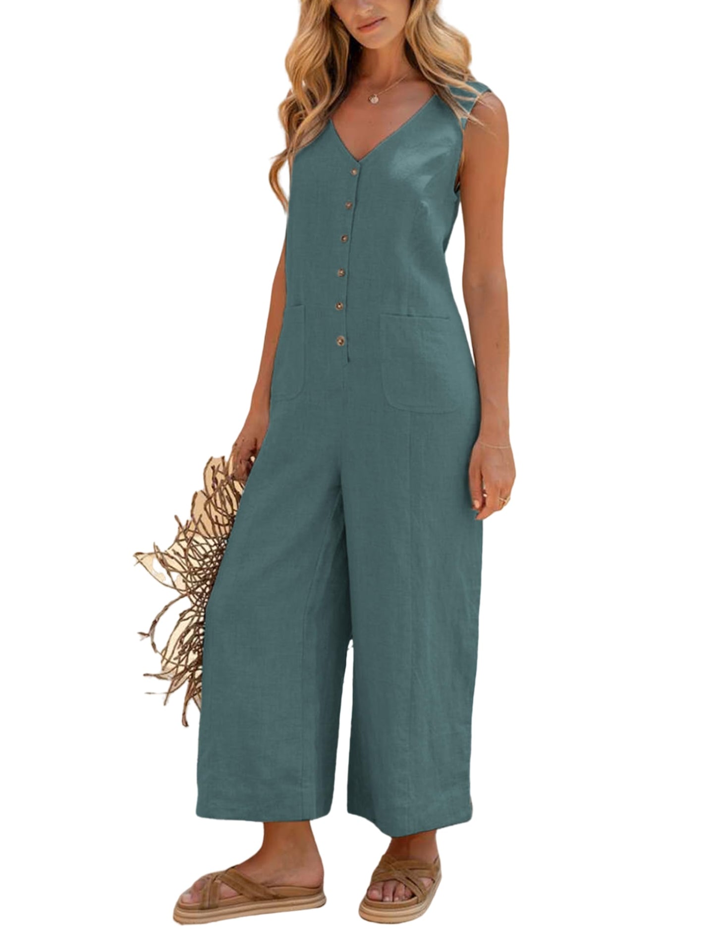 Women Button Down Jumpsuits Sleeveless Casual Wide Legs