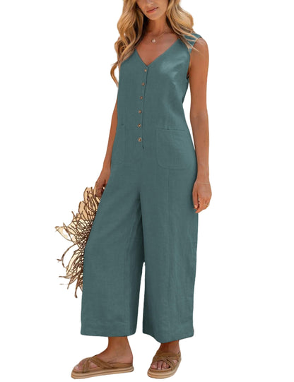 Women Button Down Jumpsuits Sleeveless Casual Wide Legs