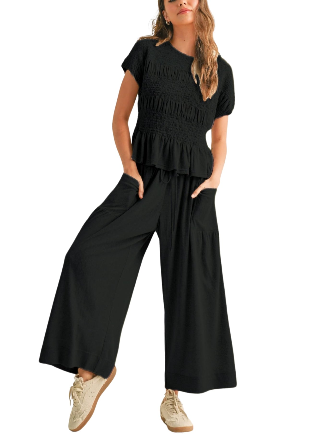 Women's Pleated Top Wide Leg Pants Set with Pockets