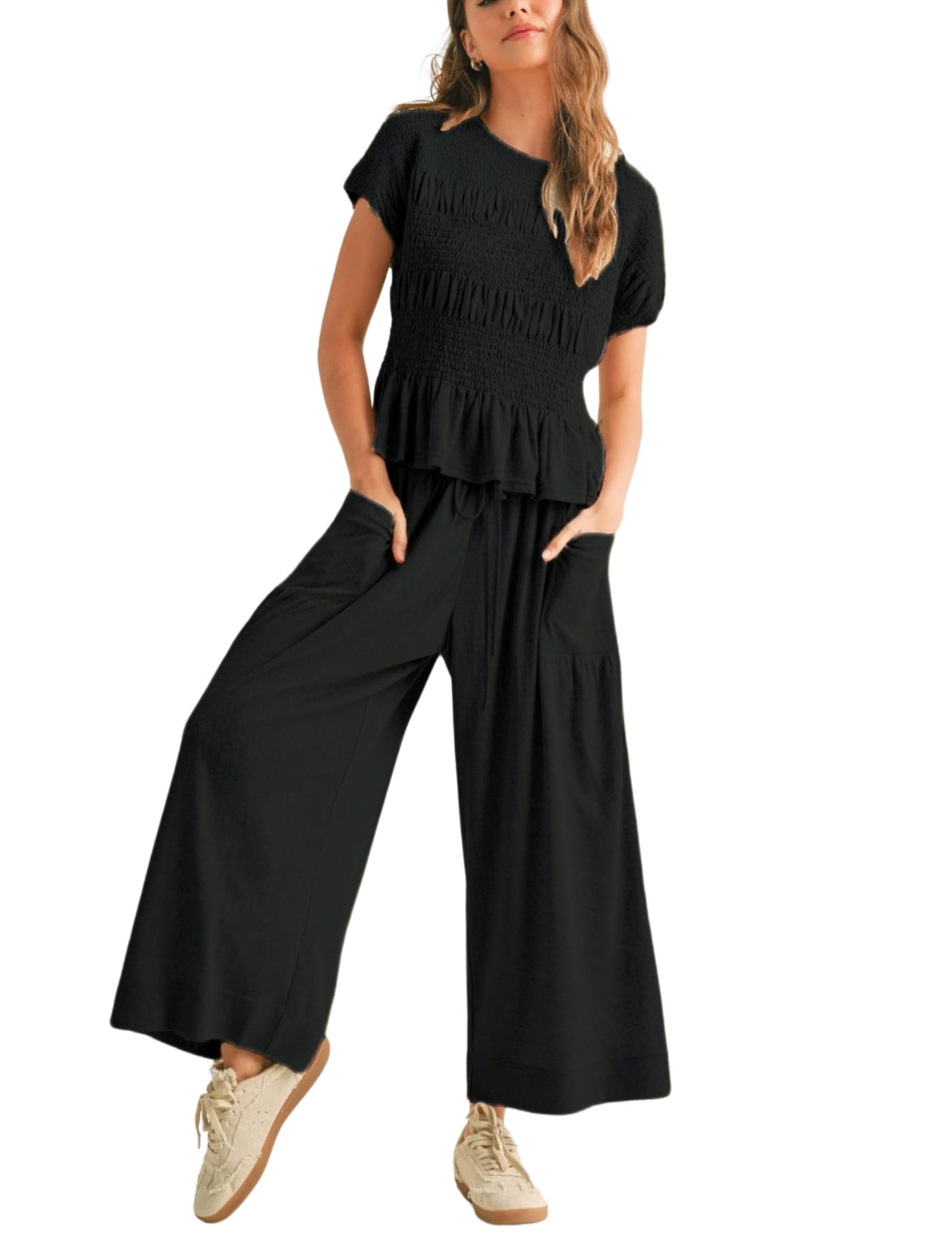 Women's Pleated Top Wide Leg Pants Set with Pockets