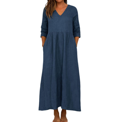 Women's Cotton Linen V-Neck Pocket Maxi Dress