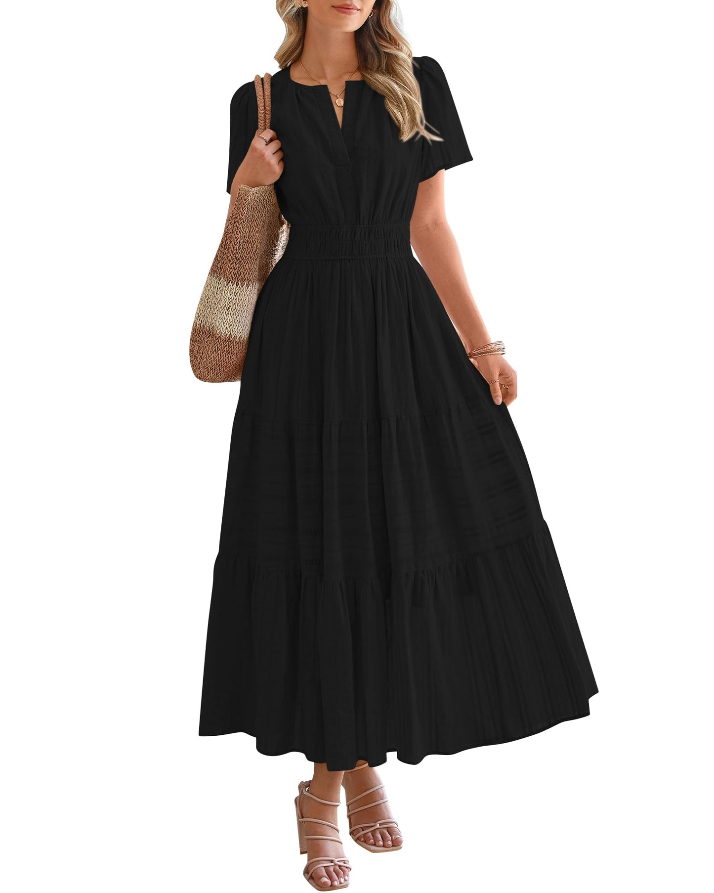 Limited time sale🔥Women's Lightweight Short Sleeve V Neck Elastic Waist Dresses