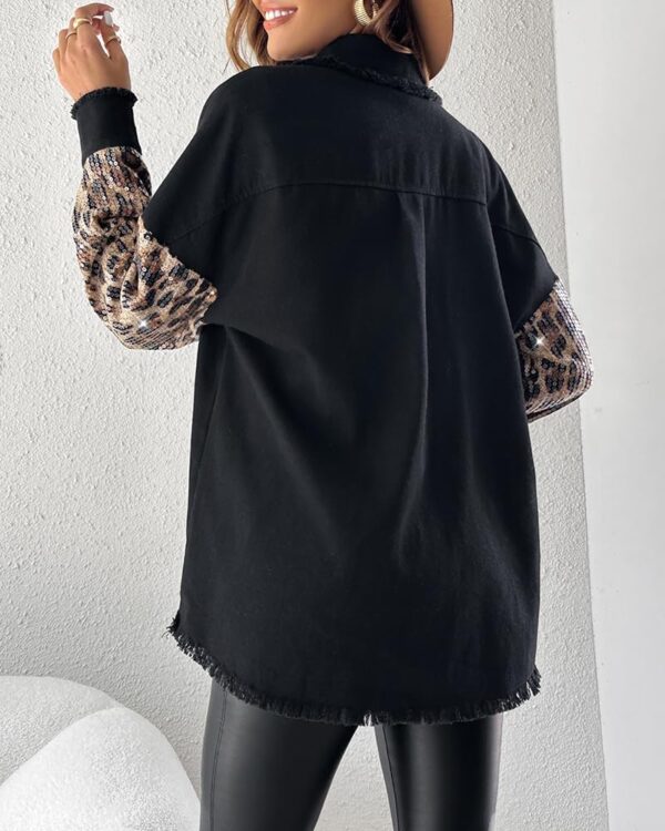 Women's Oversized Leopard Sequin Patchwork Denim Jacket
