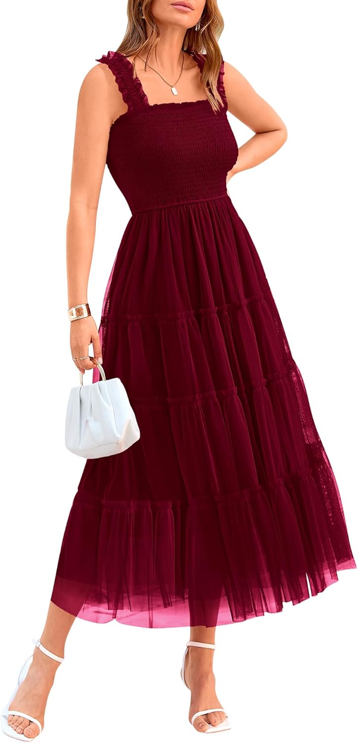 ✨Women's Casual Sleeveless Square Neck Smocked Ruffle Tulle Party Wedding Guest Dresses