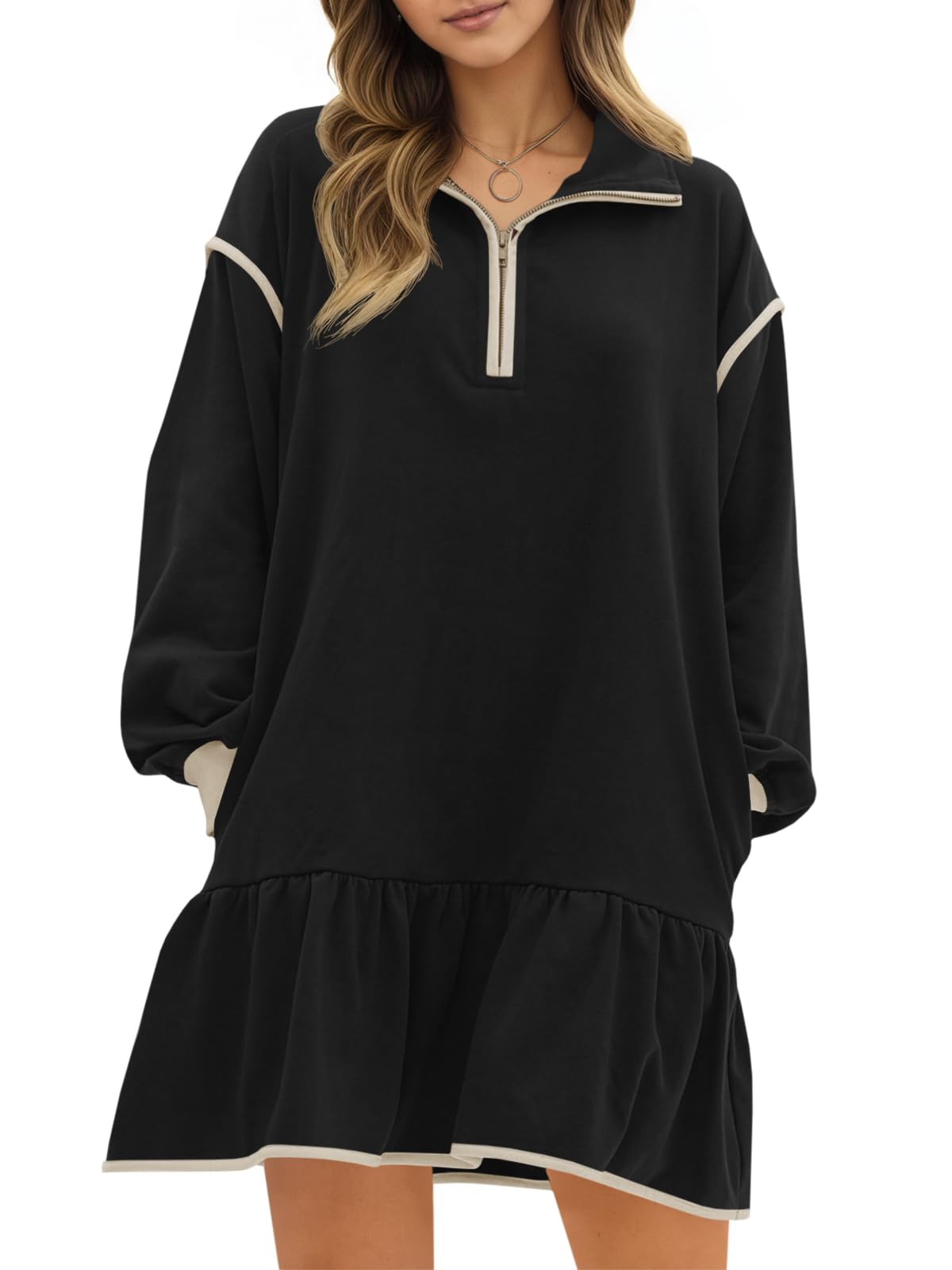 Women's Color Block Long Sleeve Relaxed Fit Dress